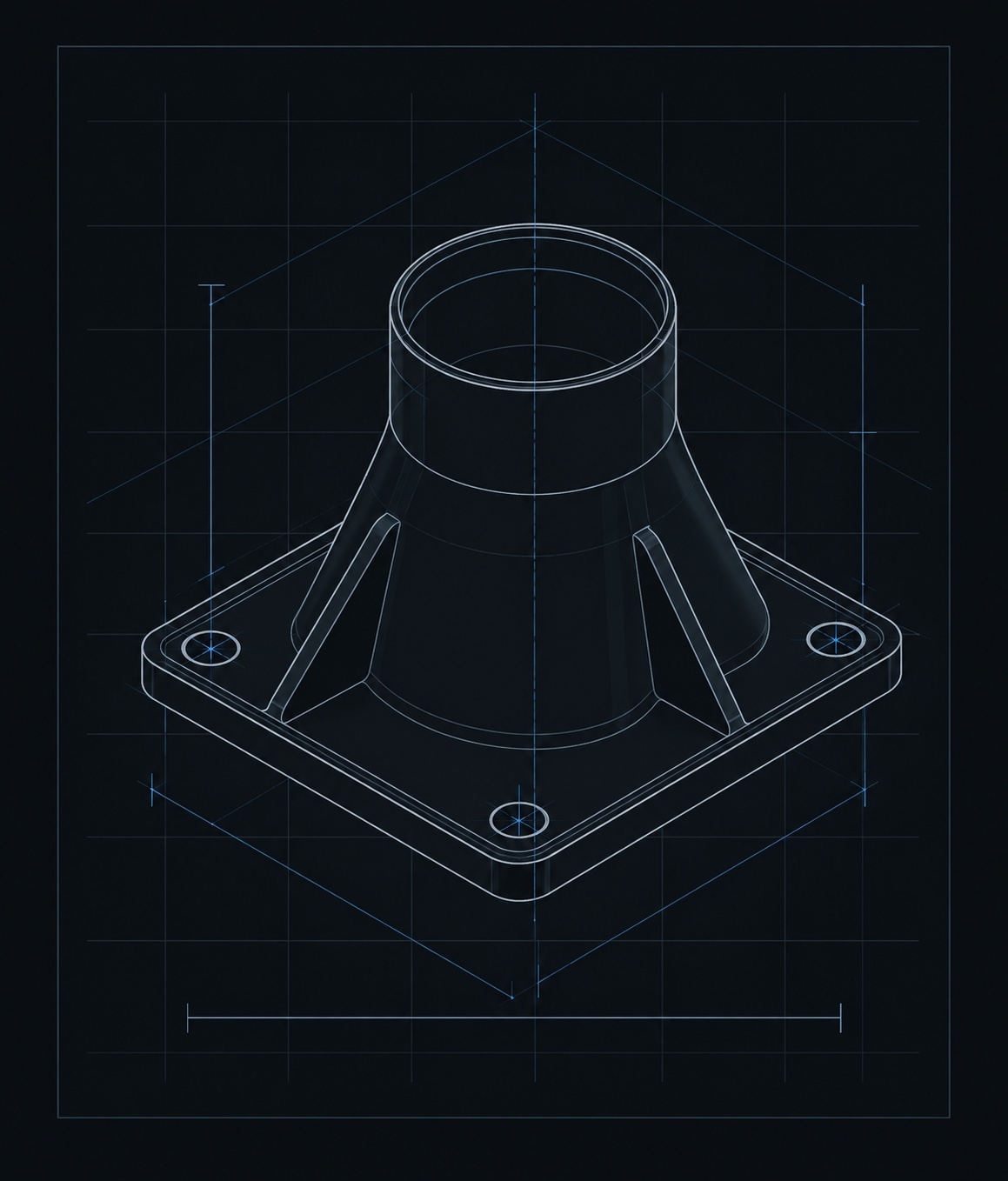 Wireframe development view of a square-flange-to-round adapter