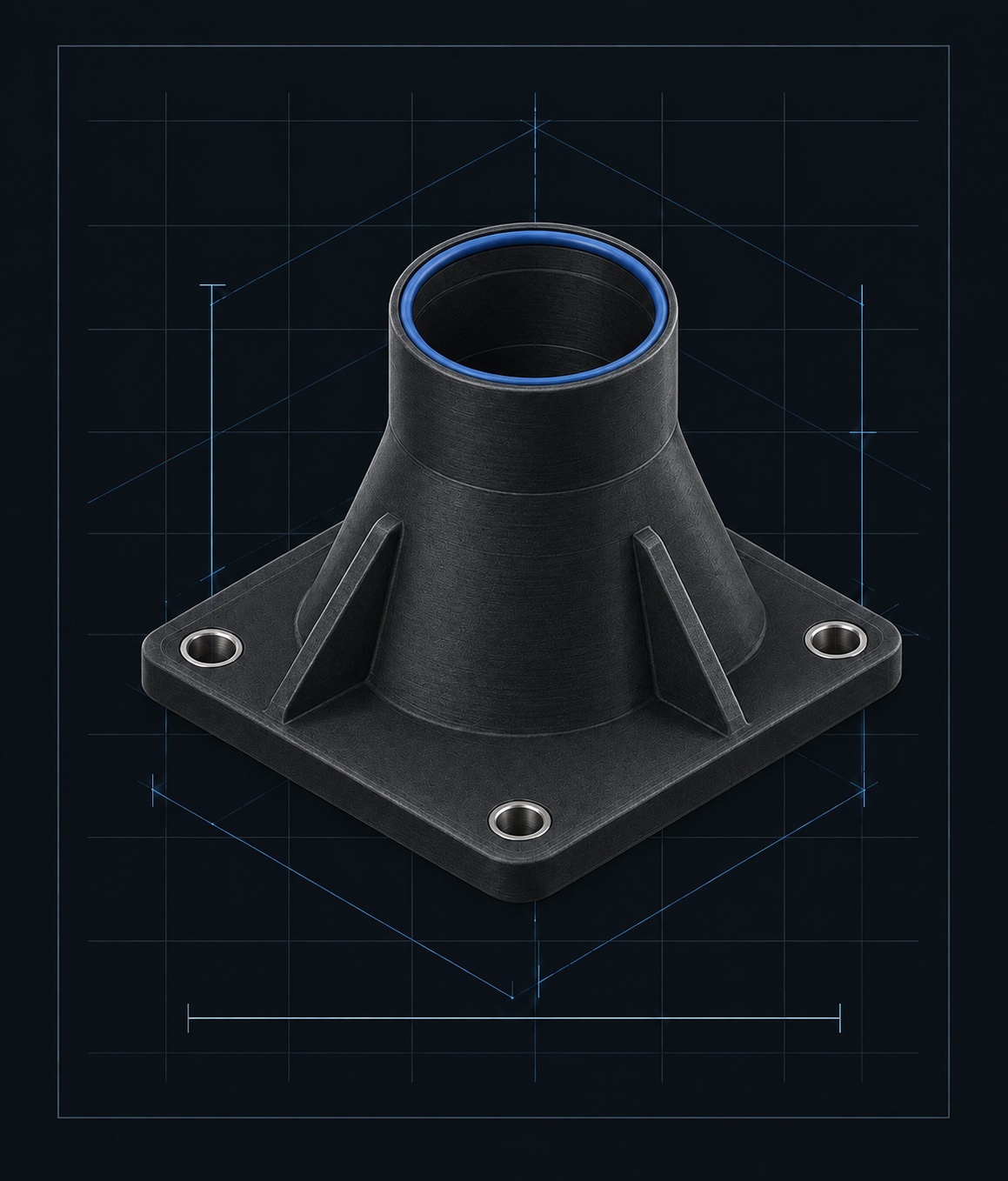 Finished black polymer version of the adapter with metal bushings and a blue sealing ring